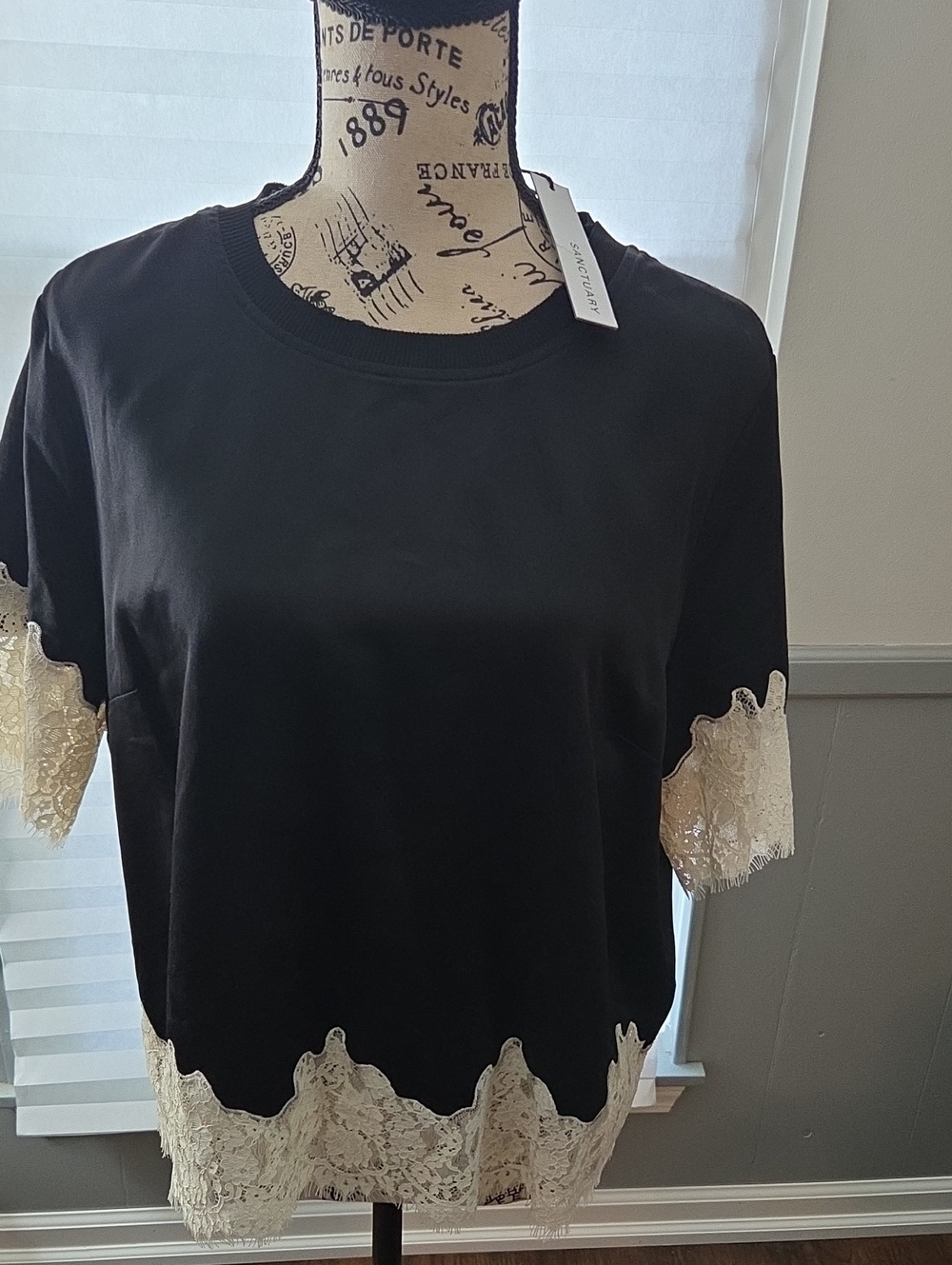 Sanctuary Black Top with Cream Lace Hem and Sleeve Trim